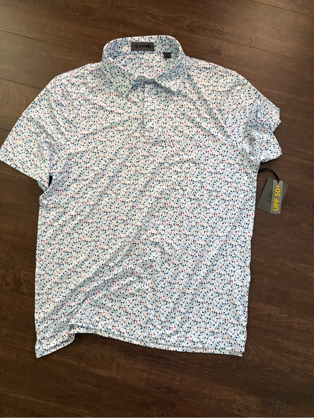 G/FORE Men's White Polo with Red & Blue Micro Dot Print